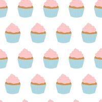 Seamless pattern of cupcakes with cream on white background. Hand drawn doodle style vector