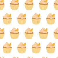 Seamless pattern of cupcakes with cream and orange slice on white background. Hand drawn doodle style vector