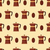 Seamless pattern with coffee brewing pot and coffee beans in flat style. Background for print, fabric, cover, banner, poster vector