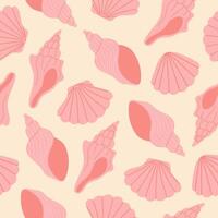 Seamless pattern with hand drawn pink seashell on light pink background. Template for print, fabric, greeting card and invitation. vector