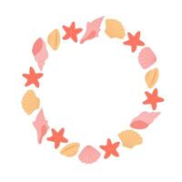 Round frame with hand drawn pink and beige seashells and starfish. Template for print, fabric, greeting card and invitation. vector
