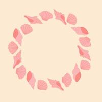Round frame with hand drawn pink seashells on light pink background. Template for print, fabric, greeting card and invitation. vector
