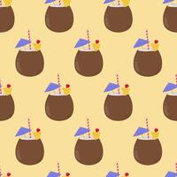 Seamless pattern of coconut cocktail with straw, umbrella and fruit. Summer design for card, poster, banner, fabric and print vector