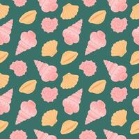 Seamless pattern with hand drawn pink and beige seashell on emerald green background. Template for print, fabric, greeting card and invitation. vector
