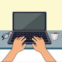 Hands On Laptop Keyboard With Blank Screen Monitor.Top View Of Study Desk With Laptop, Notebook, Coffee Cup And spectacles vector