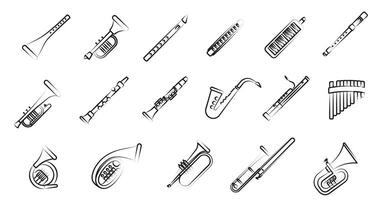 Wind musical instruments with the name in a thin line. Set of wind musical instruments. vector
