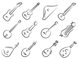 Set of stringed musical instruments. Set of stringed instruments with title in thin line. vector
