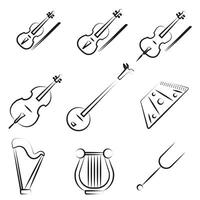 Set of symphonic string musical instruments. Set of stringed instruments with title in thin line. vector
