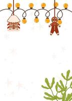 Festive Poster template frame featuring a gingerbread house, gingerbread man, yellow string lights, greenery, and a light peach background with blank space. vector