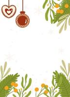 Festive Poster template frame heart-shaped and round gingerbread ornaments, greenery, yellow berries, and snowflakes on a light background with blank space. vector