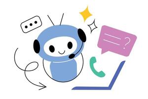 illustration of a friendly chatbot assistant with headset and speech bubbles, AI powered customer support, artificial intelligence and virtual communication. Flat cartoon design for technology vector