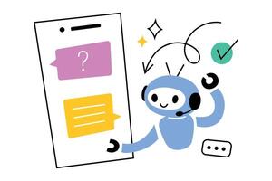 illustration of cute chatbot character helping with communication on mobile device, modern design in flat cartoon style, AI assistance in smartphone app, artificial intelligence concept vector