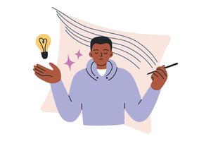 Man in state of flow, immersed in work with pen in hand, person creating ideas. Concept of inspiration, focus, psychology, and self improvement. illustration in flat, cartoon, and doodle style vector