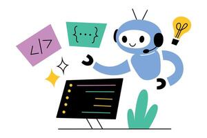 Cartoon robot writing code, programming software, artificial intelligence assisting developers. Futuristic technology concept, doodle icons. illustration in flat, and cartoon style vector