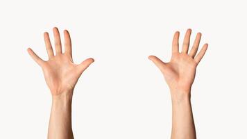 Millennial man raising both hands up on light background, close up view photo