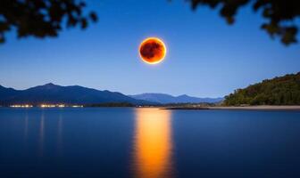 The moon is seen as it is eclipsed by the sun photo