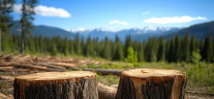 Two logs sit in front of a mountain range photo