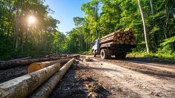 Logging truck in the forest with logs photo