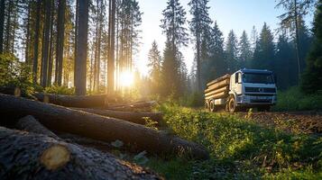 A truck driving through a forest with logs on the ground photo