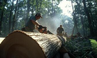 A man is cutting a log with a chainsaw photo