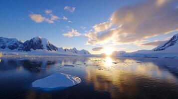 The sun sets over the water in front of mountains photo