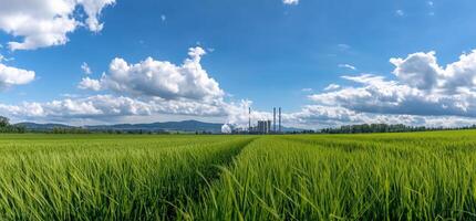A green field with a power plant in the background photo