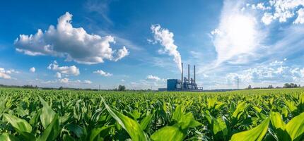 A factory with smoke coming out of it in the middle of a field photo
