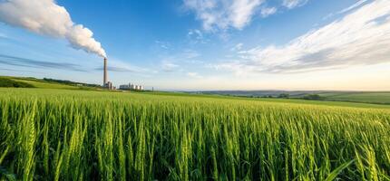 Green field with factory chimney and smoke stack in the background photo