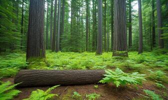 A large log sits in the middle of a forest photo