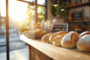 Breads on a counter in a bakery photo