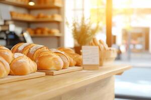 Breads on a counter in a bakery photo