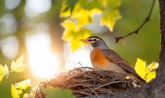 A robin sits on top of a nest in the sun photo