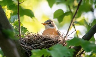 A bird sits in a nest on a tree branch photo