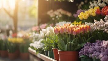 Many different types of flowers are in pots on the sidewalk photo