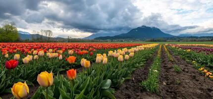 A field of tulips with mountains in the background photo