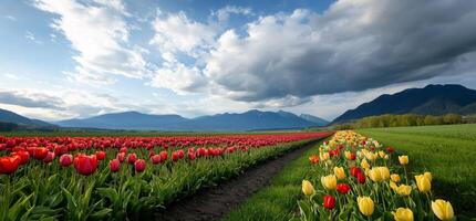 A field of tulips with mountains in the background photo