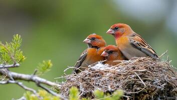 Three birds sit on top of a nest in the forest photo