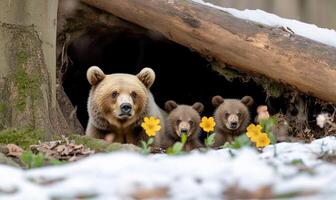 A bear family with three cubs in the snow photo