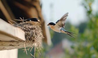 Two birds are sitting on top of a nest photo
