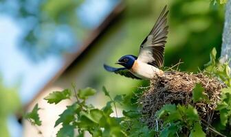 A bird is flying out of its nest on top of a tree photo