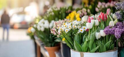 Flowers are displayed in pots on a sidewalk photo
