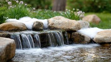 A small waterfall flowing over rocks in a garden photo