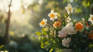 A vase of flowers in the sun with trees in the background photo