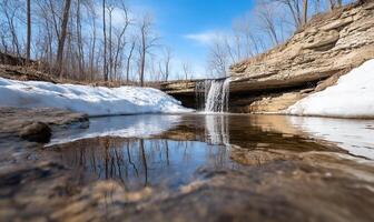 A waterfall in the middle of a snowy forest photo