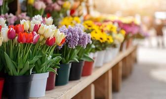 Many different types of flowers are in pots on a table photo