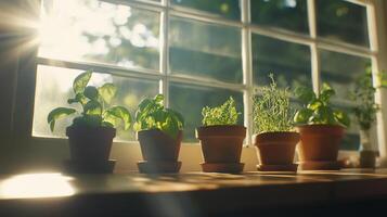 Five pots of herbs sit on a windowsill photo