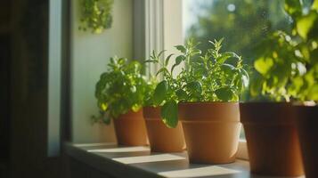 Several pots of herbs are sitting on a window sill photo