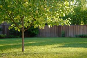 A tree in a backyard with green grass and a fence photo