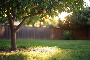 A tree with fruit on it in a backyard photo