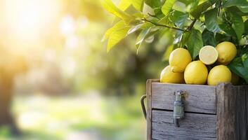 Lemon tree in a wooden box with lemons on the branches photo